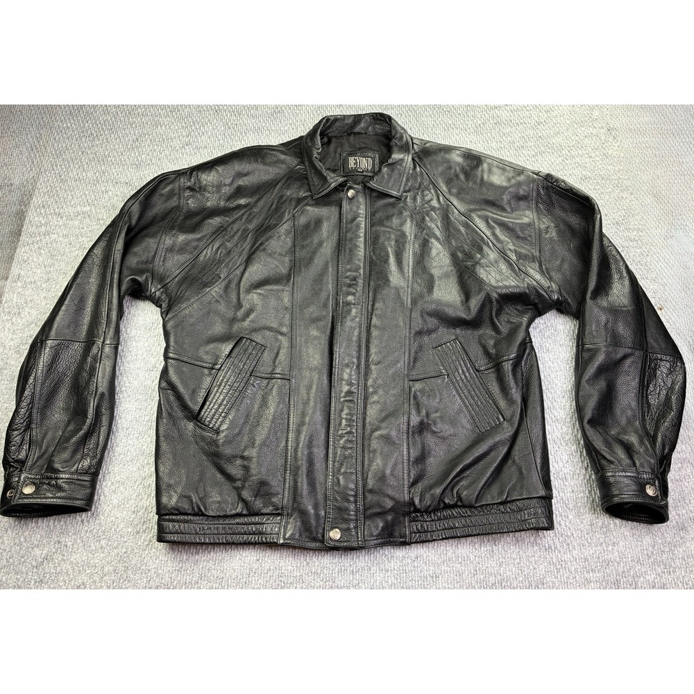 Beyond Leather Men's 2XLT Black Genuine Leather Bomber Jacket Vintage